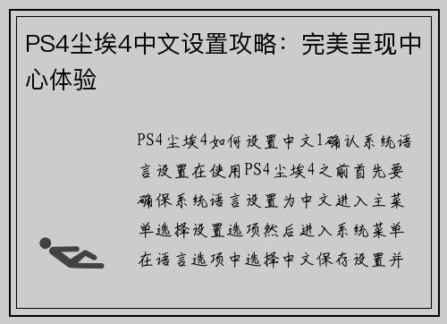 PS4尘埃4中文设置攻略：完美呈现中心体验